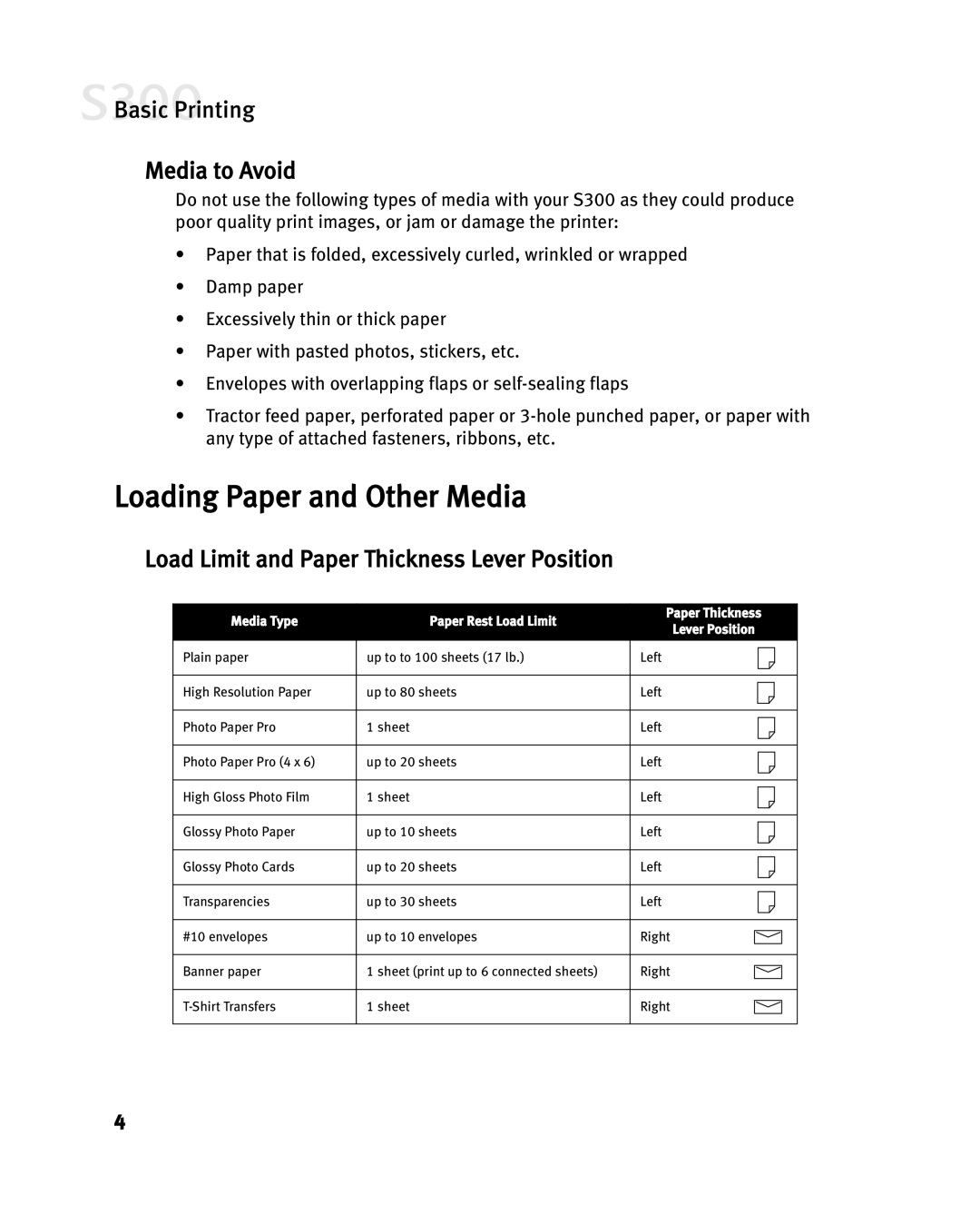 Canon S300 Loading Paper and Other Media, Basic Printing Media to Avoid, Load Limit and Paper Thickness Lever Position 