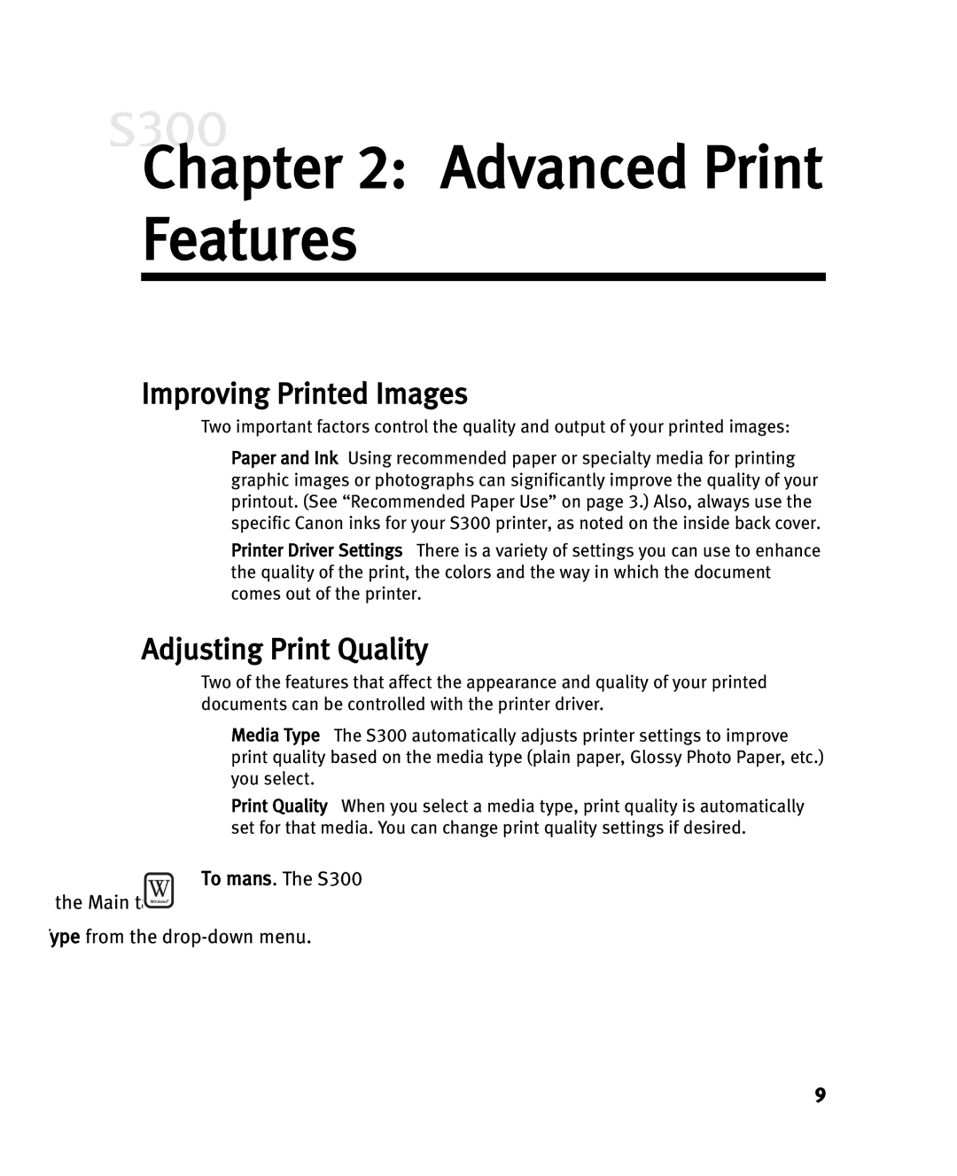 Canon S300 manual Advanced Print Features, Improving Printed Images, Adjusting Print Quality 