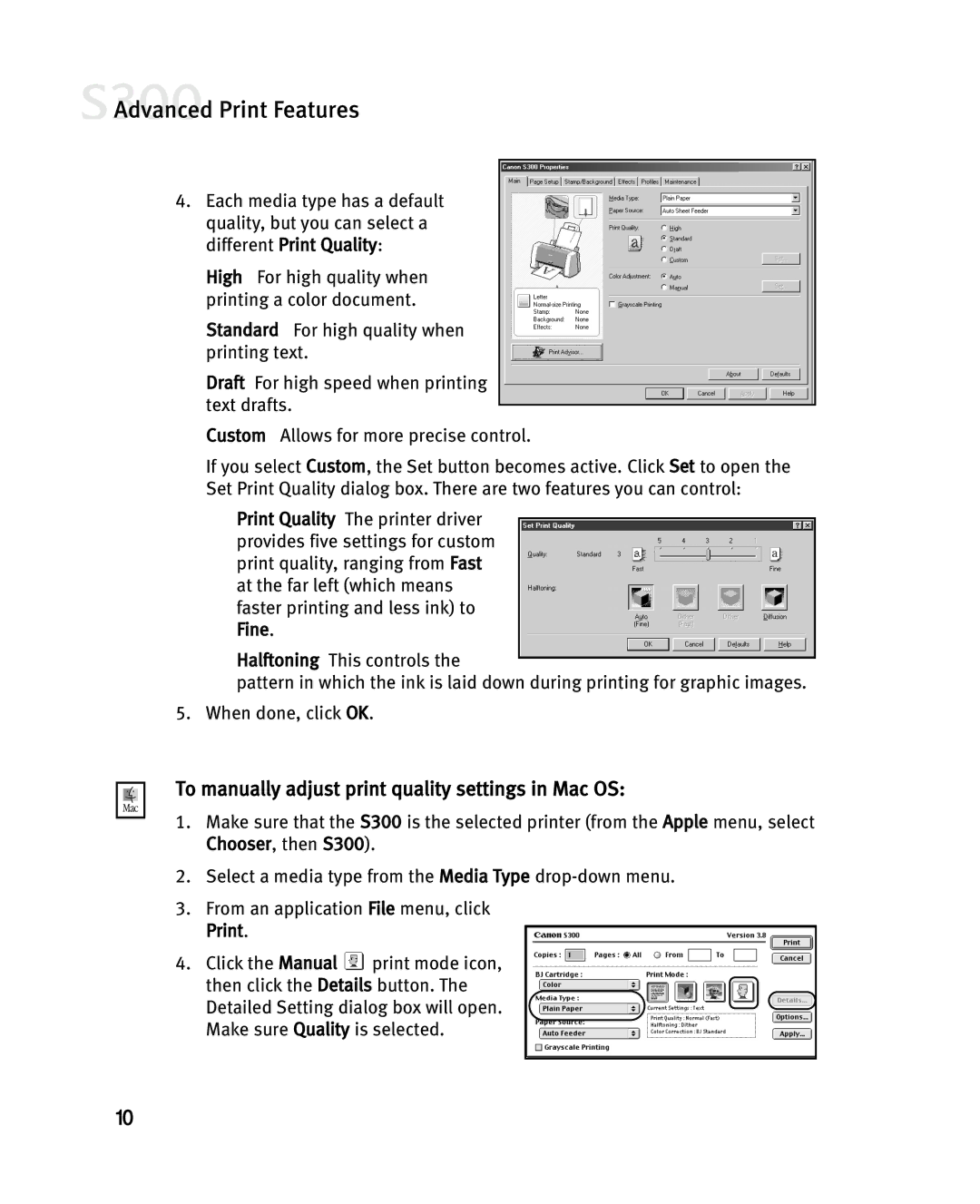 Canon S300 Advanced Print Features, To manually adjust print quality settings in Mac OS 