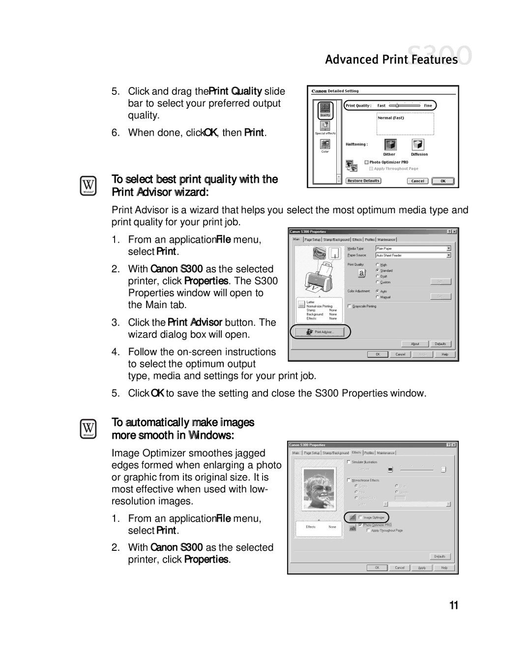 Canon S300 To select best print quality with Print Advisor wizard, To automatically make images more smooth in Windows 