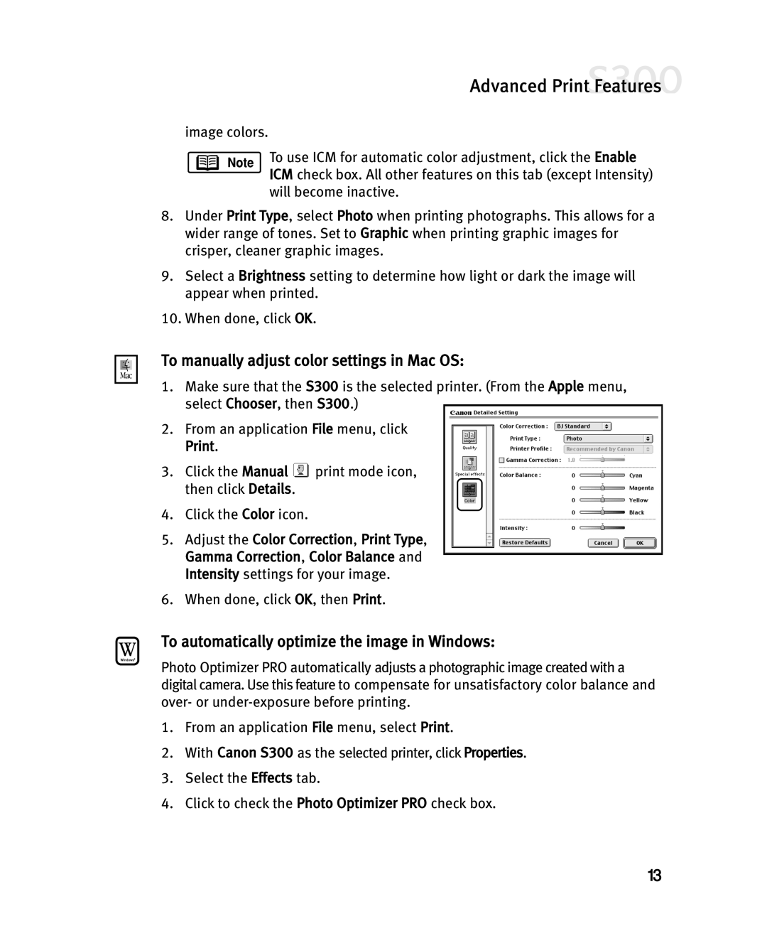 Canon S300 To manually adjust color settings in Mac OS, To automatically optimize the image in Windows 