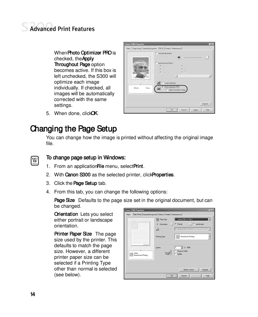 Canon S300 manual Changing the Page Setup, To change page setup in Windows 