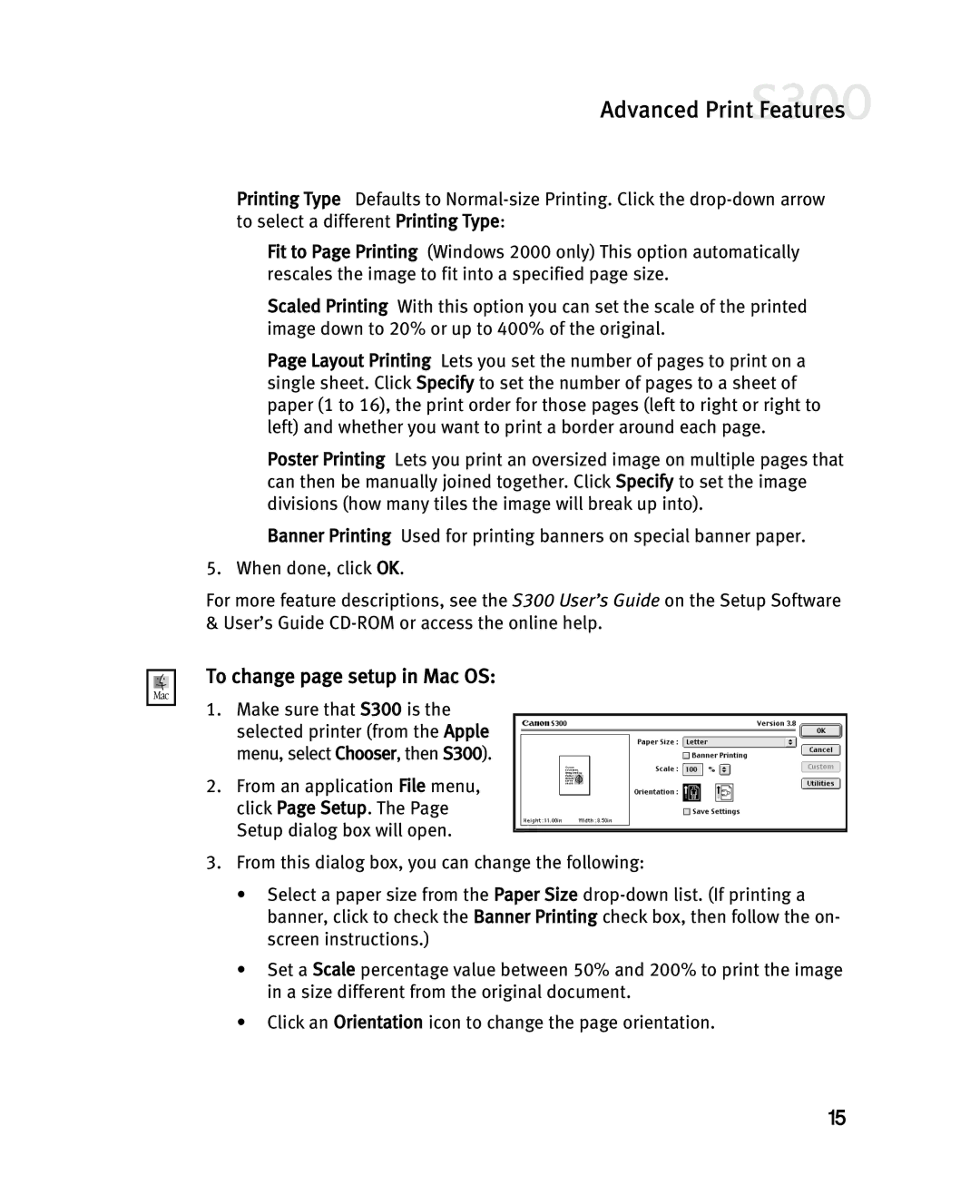 Canon S300 manual To change page setup in Mac OS 