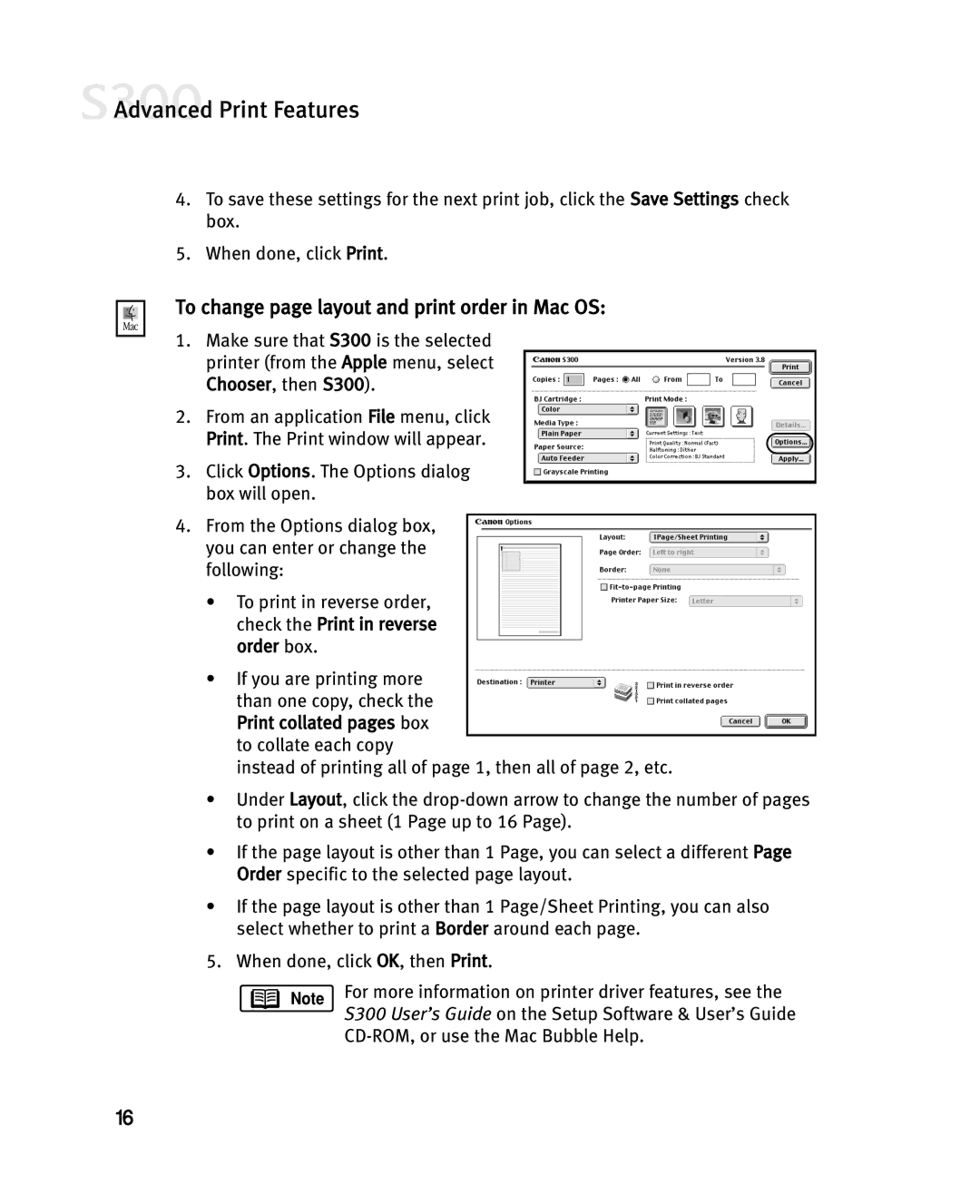 Canon S300 manual To change page layout and print order in Mac OS 