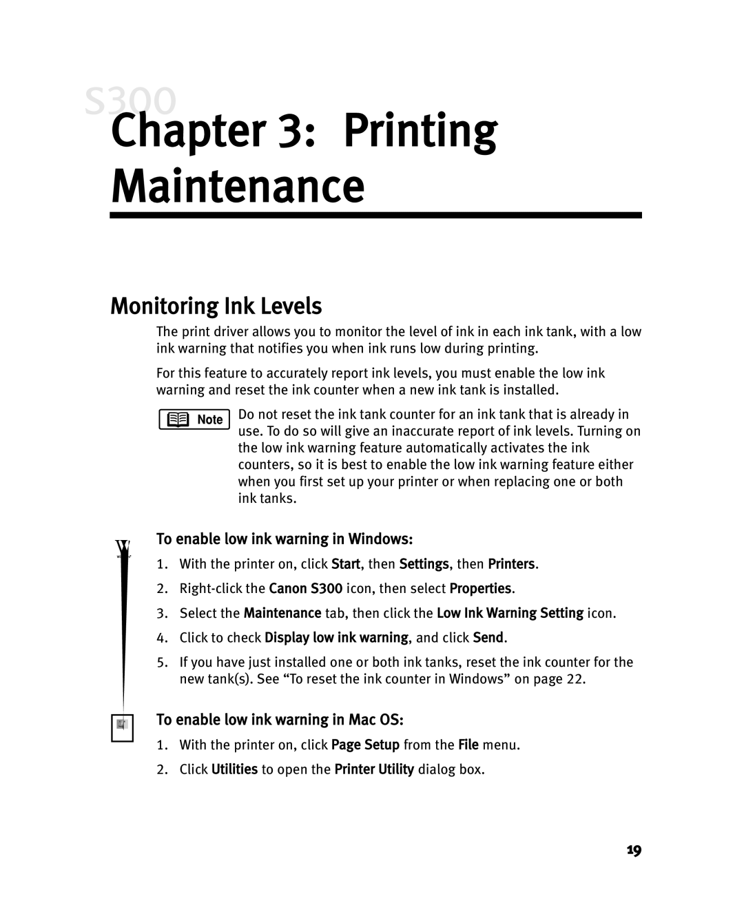 Canon S300 manual Printing Maintenance, Monitoring Ink Levels, To enable low ink warning in Windows 