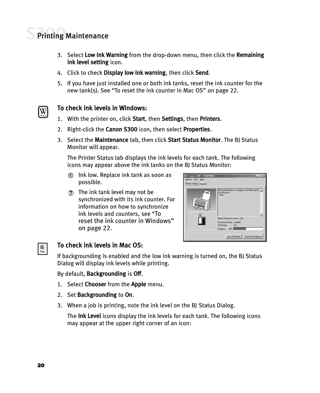 Canon S300 manual To check ink levels in Windows, To check ink levels in Mac OS 