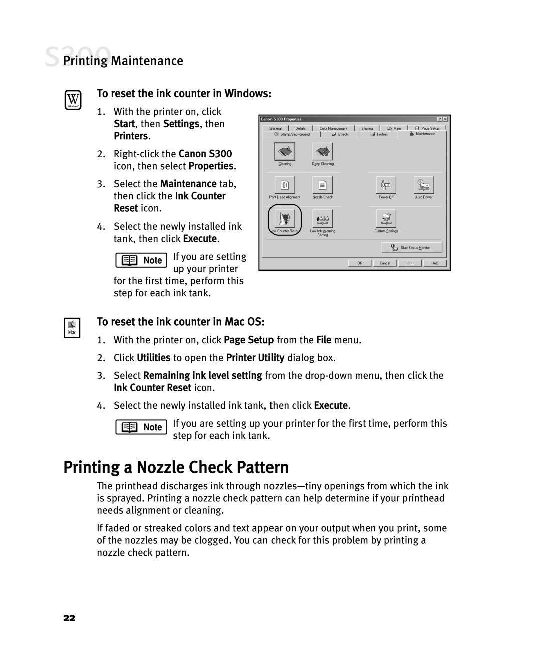 Canon S300 manual Printing a Nozzle Check Pattern, To reset the ink counter in Windows, To reset the ink counter in Mac OS 