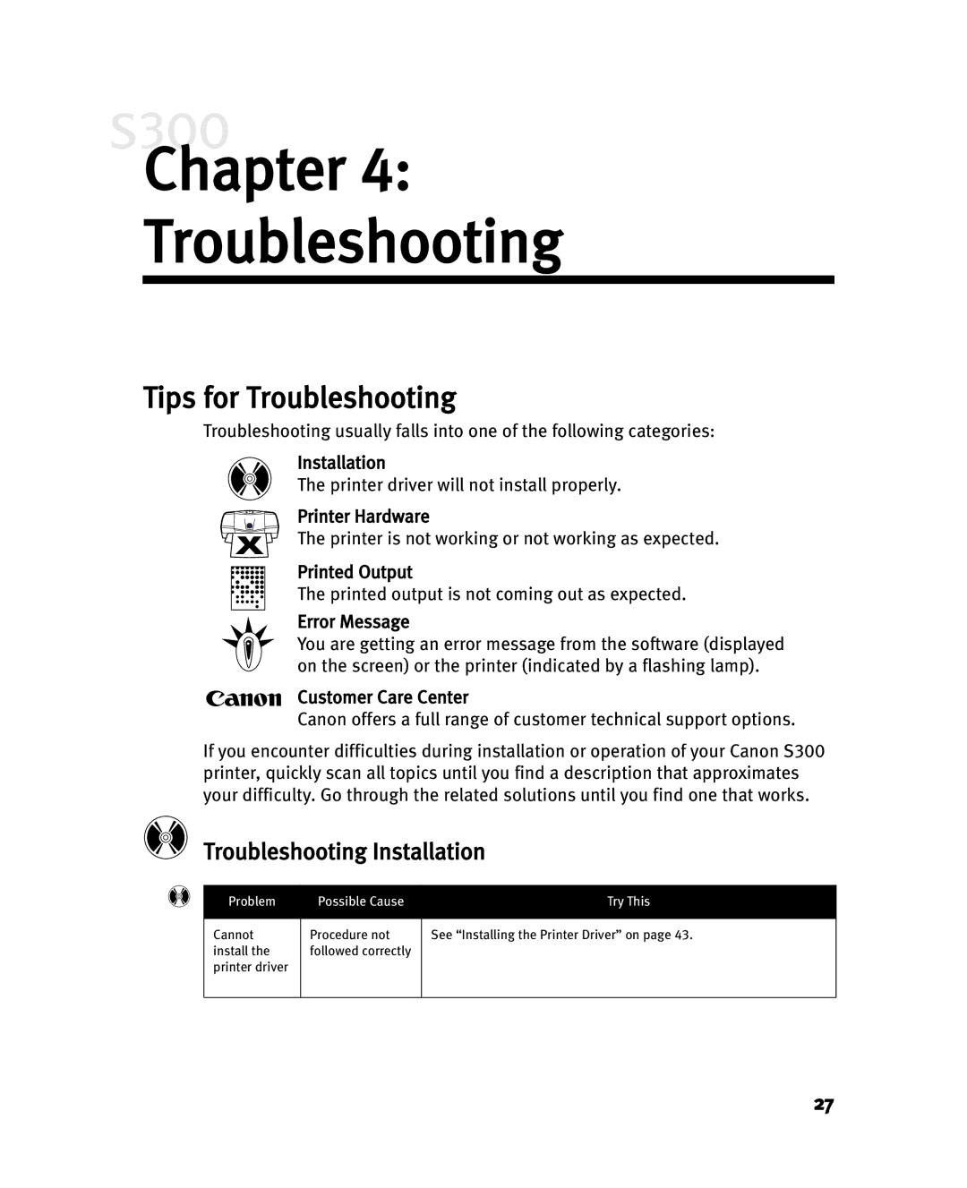 Canon S300 manual Chapter Troubleshooting, Tips for Troubleshooting, Troubleshooting Installation 