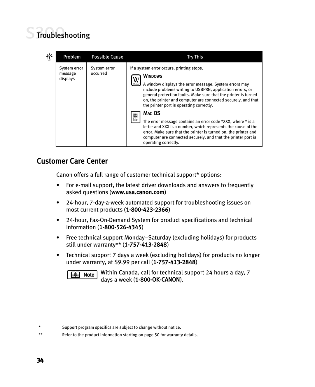 Canon S300 manual Customer Care Center 