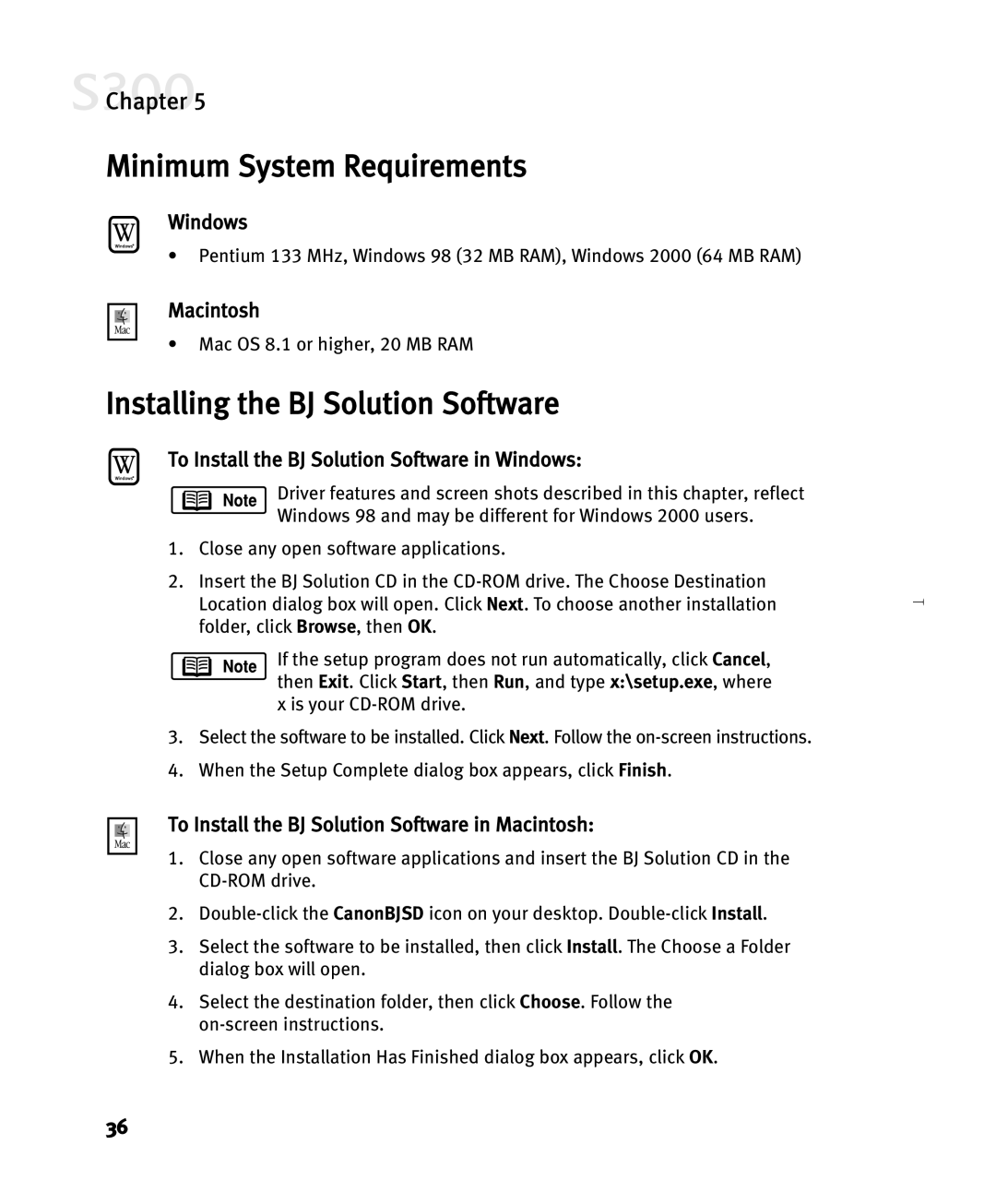 Canon S300 manual Minimum System Requirements, Installing the BJ Solution Software, Chapter 