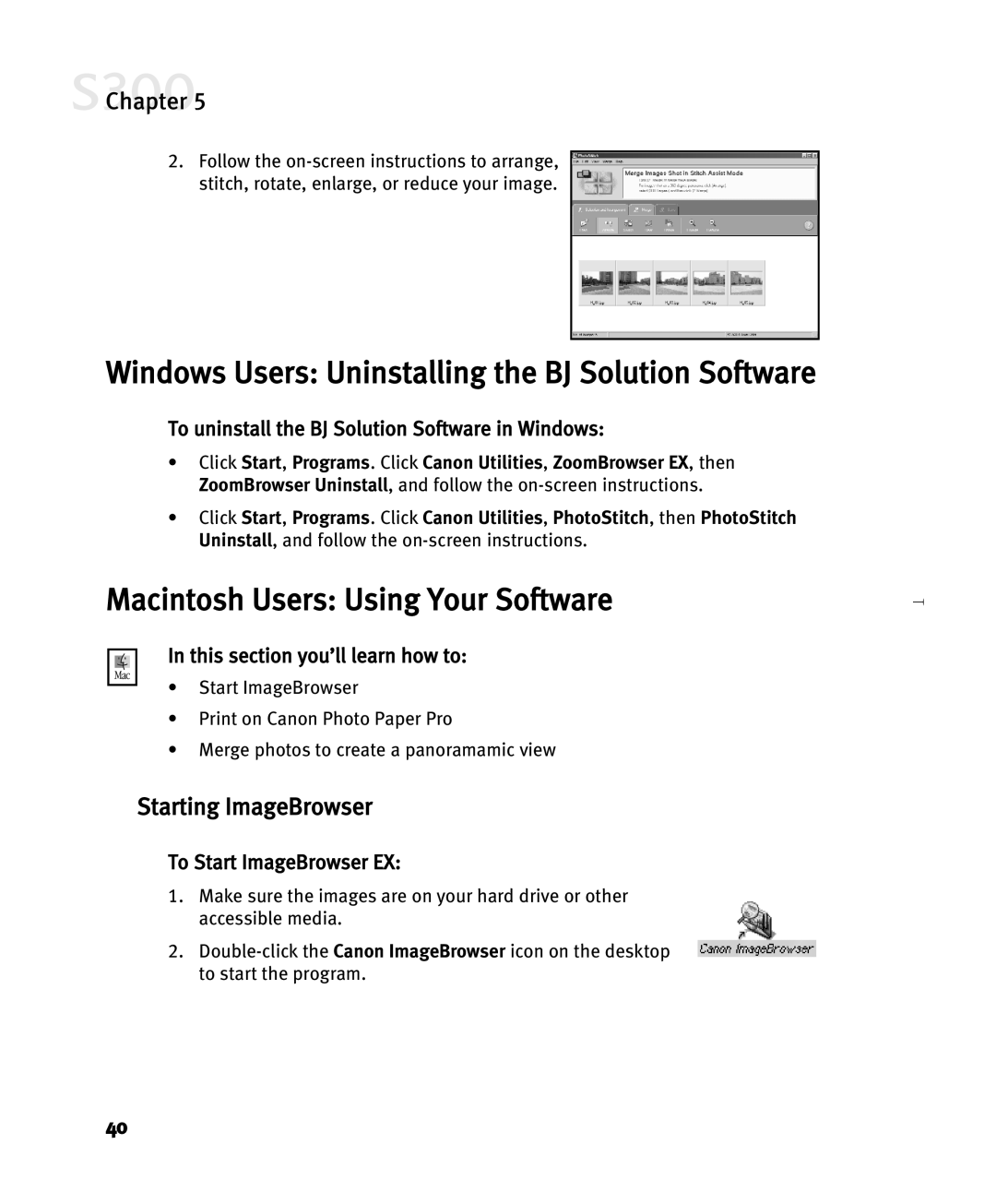 Canon S300 Windows Users Uninstalling the BJ Solution Software, Macintosh Users Using Your Software, Starting ImageBrowser 