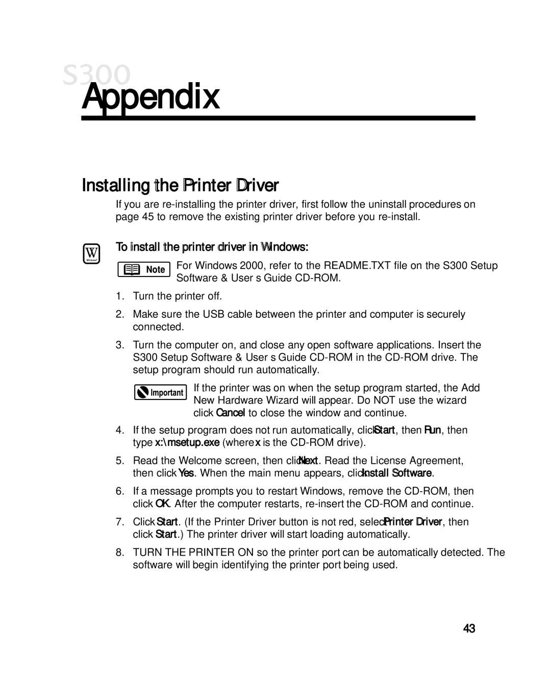 Canon S300 manual Appendix, Installing the Printer Driver, To install the printer driver in Windows 