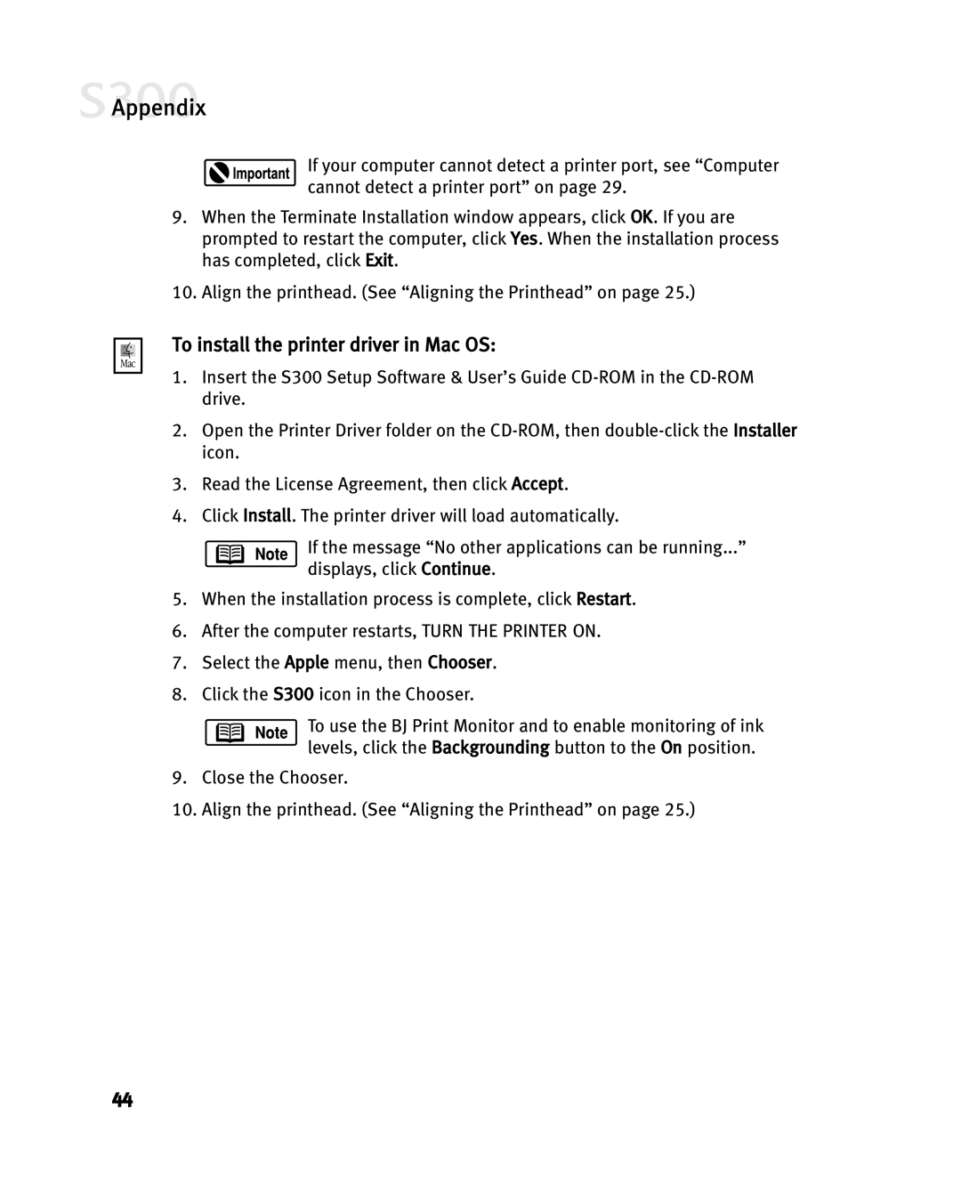 Canon S300 manual Appendix, To install the printer driver in Mac OS 