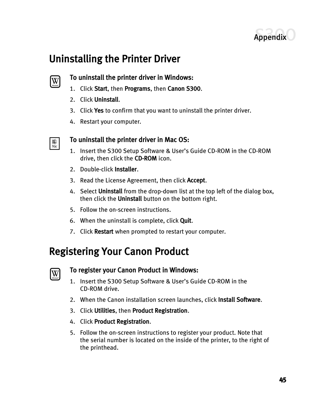 Canon S300 Uninstalling the Printer Driver, Registering Your Canon Product, To uninstall the printer driver in Windows 