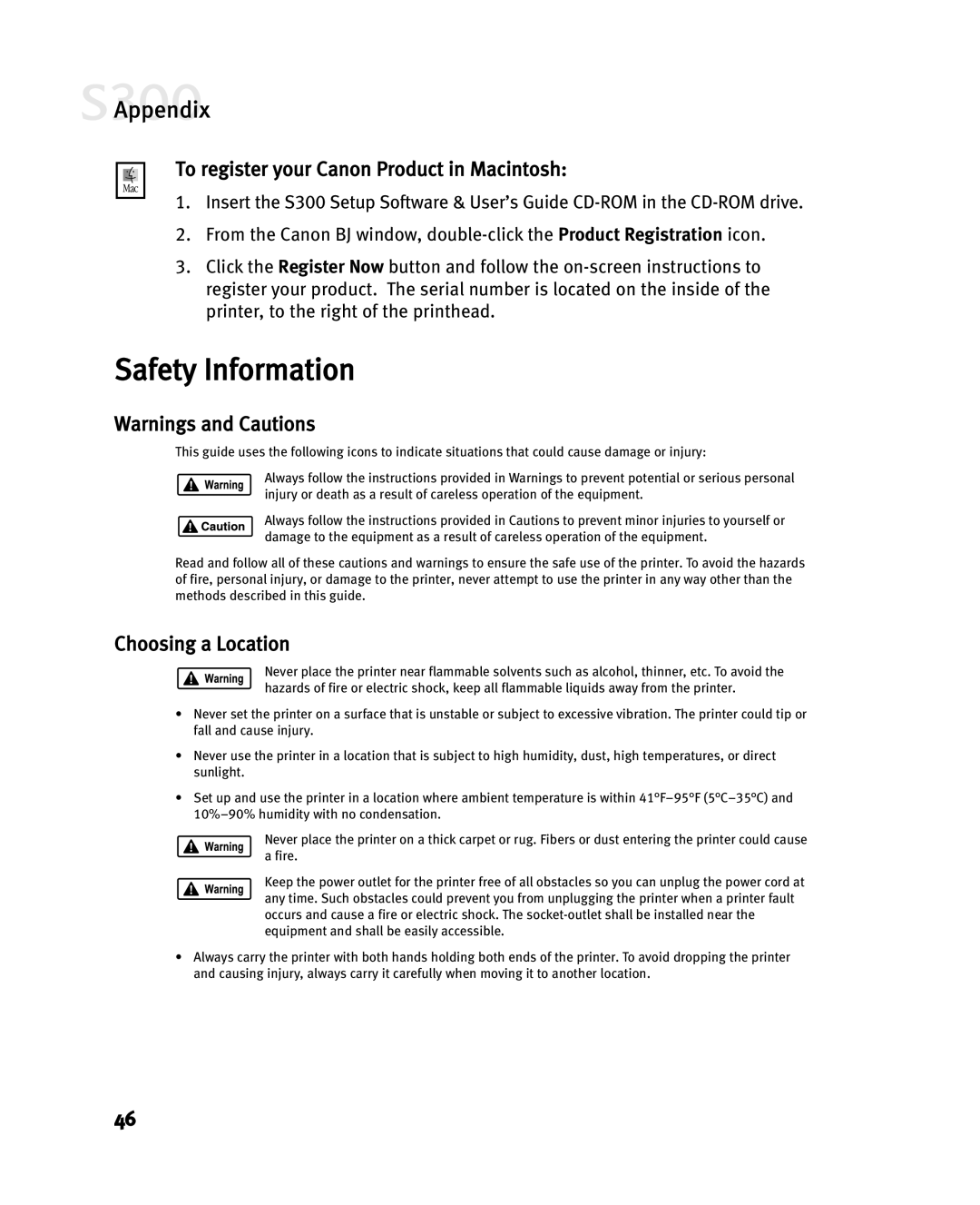 Canon S300 manual Safety Information, To register your Canon Product in Macintosh, Choosing a Location 