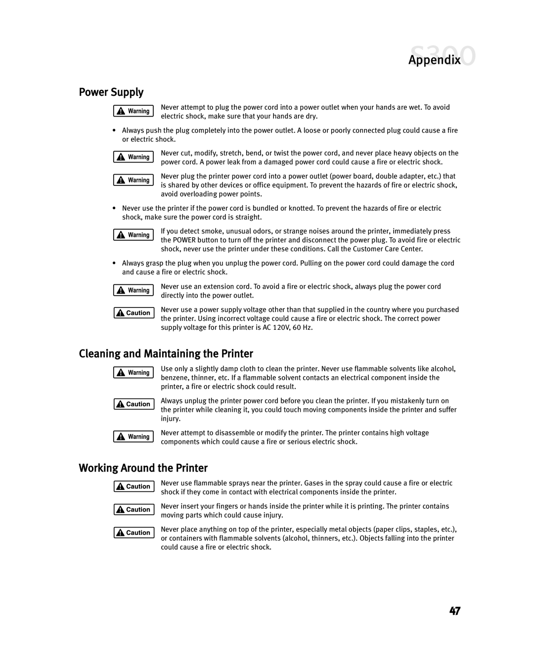 Canon S300 manual Power Supply, Cleaning and Maintaining the Printer, Working Around the Printer 