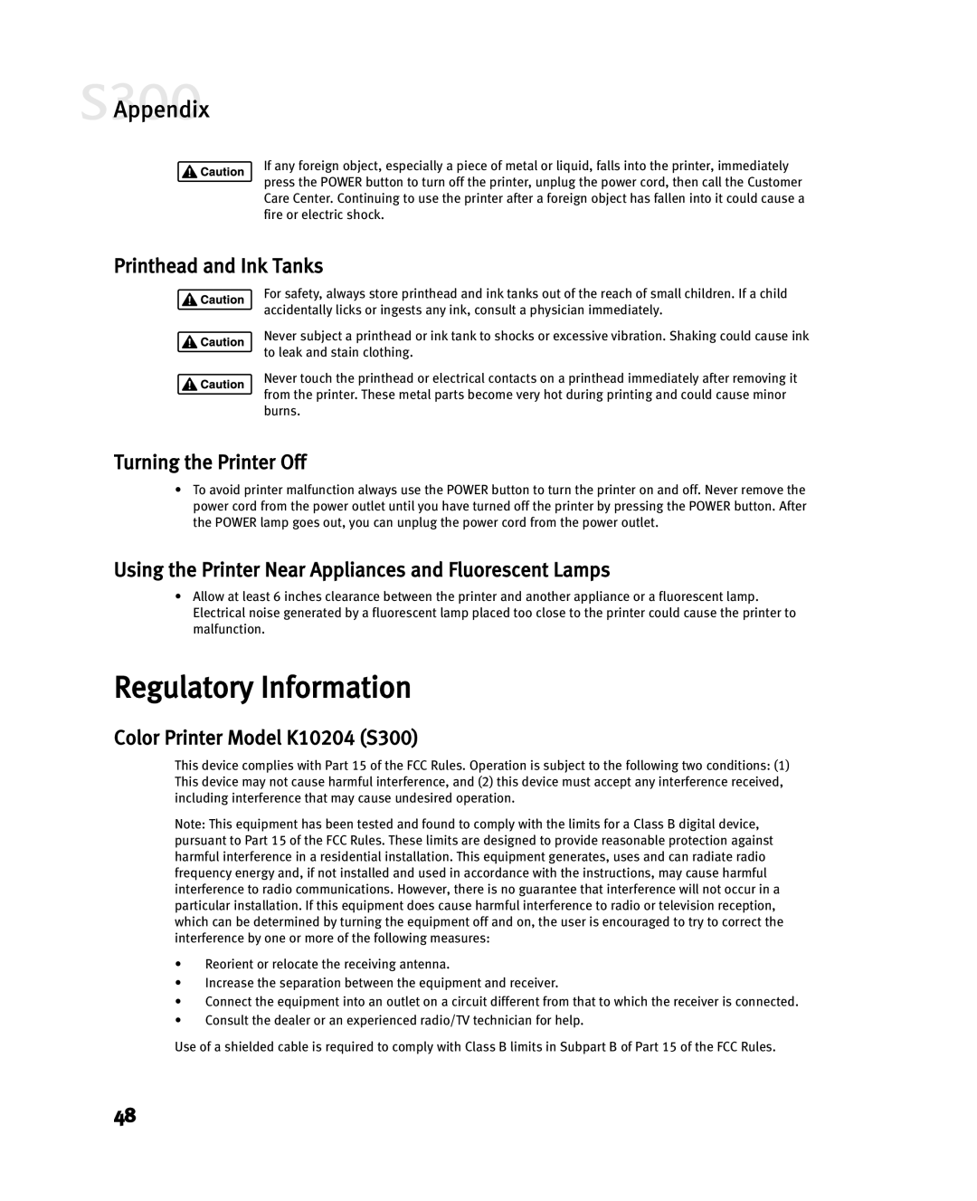 Canon manual Regulatory Information, Printhead and Ink Tanks, Turning the Printer Off, Color Printer Model K10204 S300 