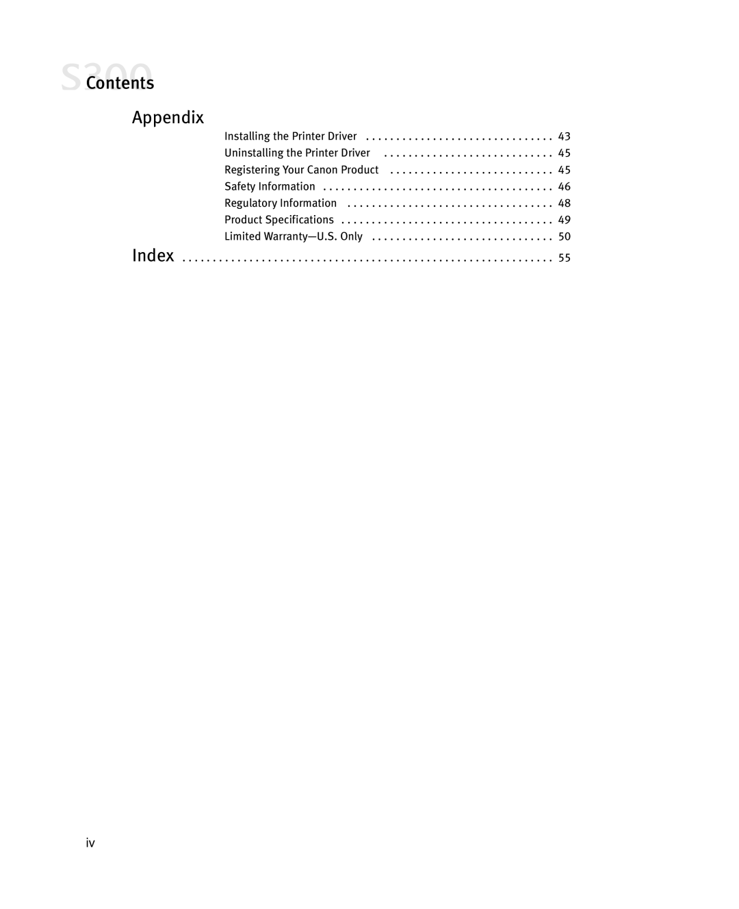 Canon S300 manual Contents Appendix 