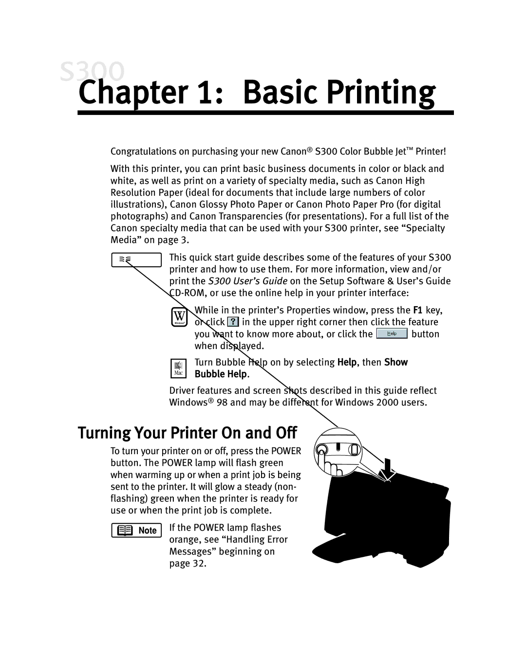 Canon S300 manual Basic Printing, Turning Your Printer On and Off 