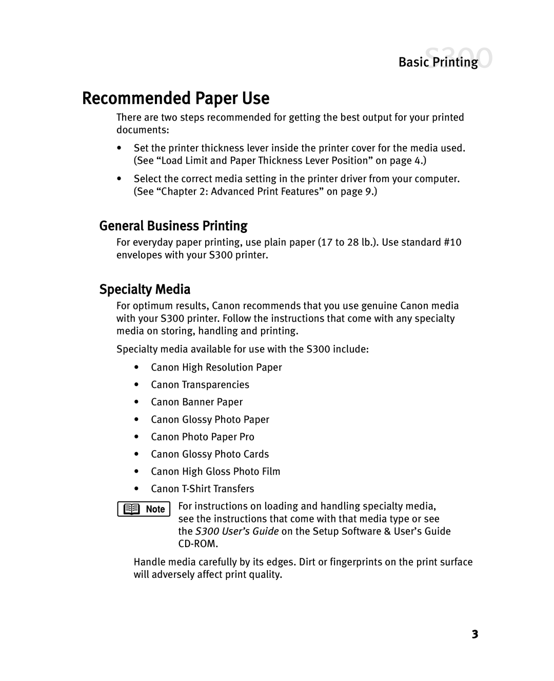 Canon S300 manual Recommended Paper Use, General Business Printing, Specialty Media 