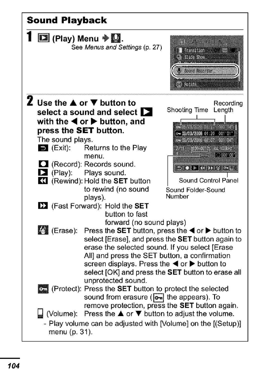 Canon S31S appendix Sound Playback, Play Menu U, Use Button, Select Sound 