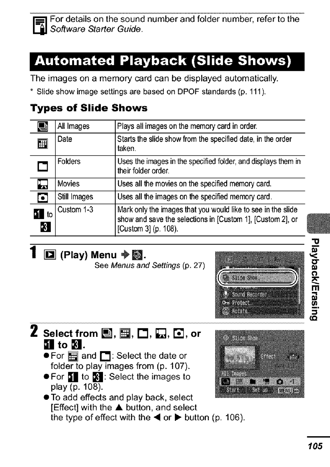 Canon S31S appendix Types of Slide Shows, Play Menu, Select from L, I1, rl, , rl, or 