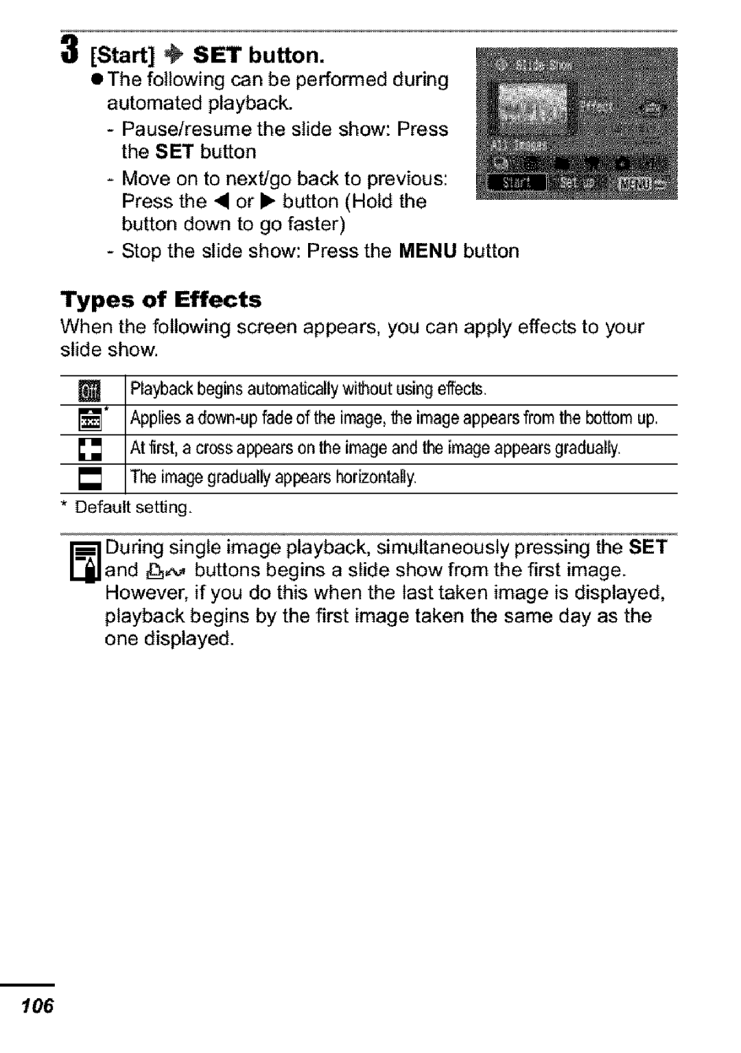 Canon S31S appendix Start SET button, Types of Effects 