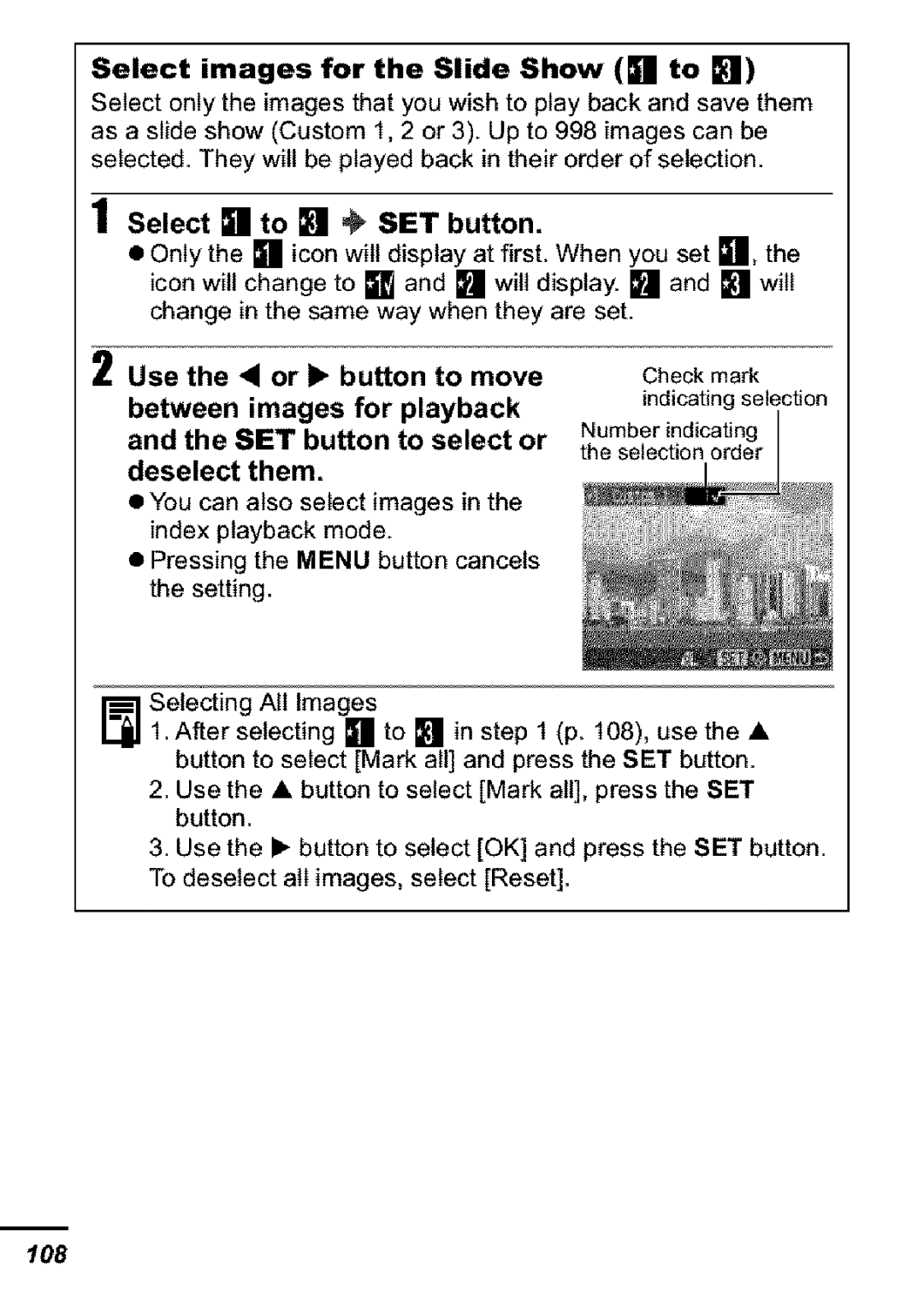 Canon S31S appendix Select images for the Slide Show SE to, Select to SET button, Use Or 1 button To move 