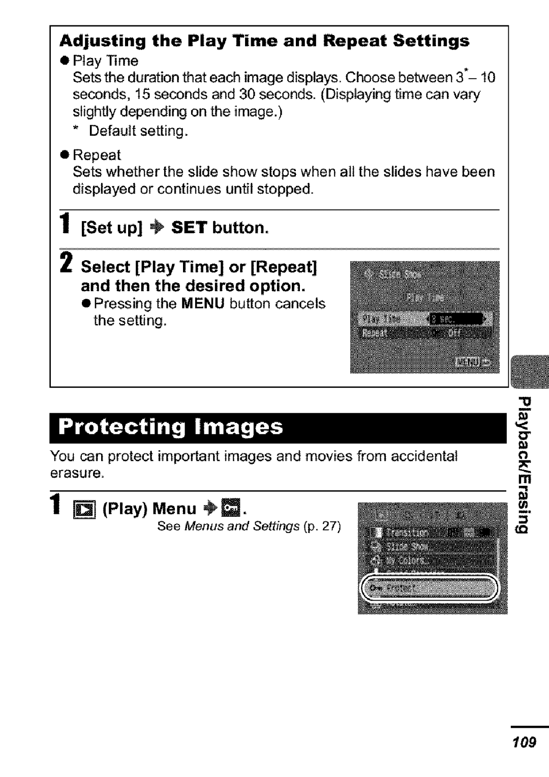 Canon S31S appendix Set up SET button, Adjusting the Play Time and Repeat Settings 