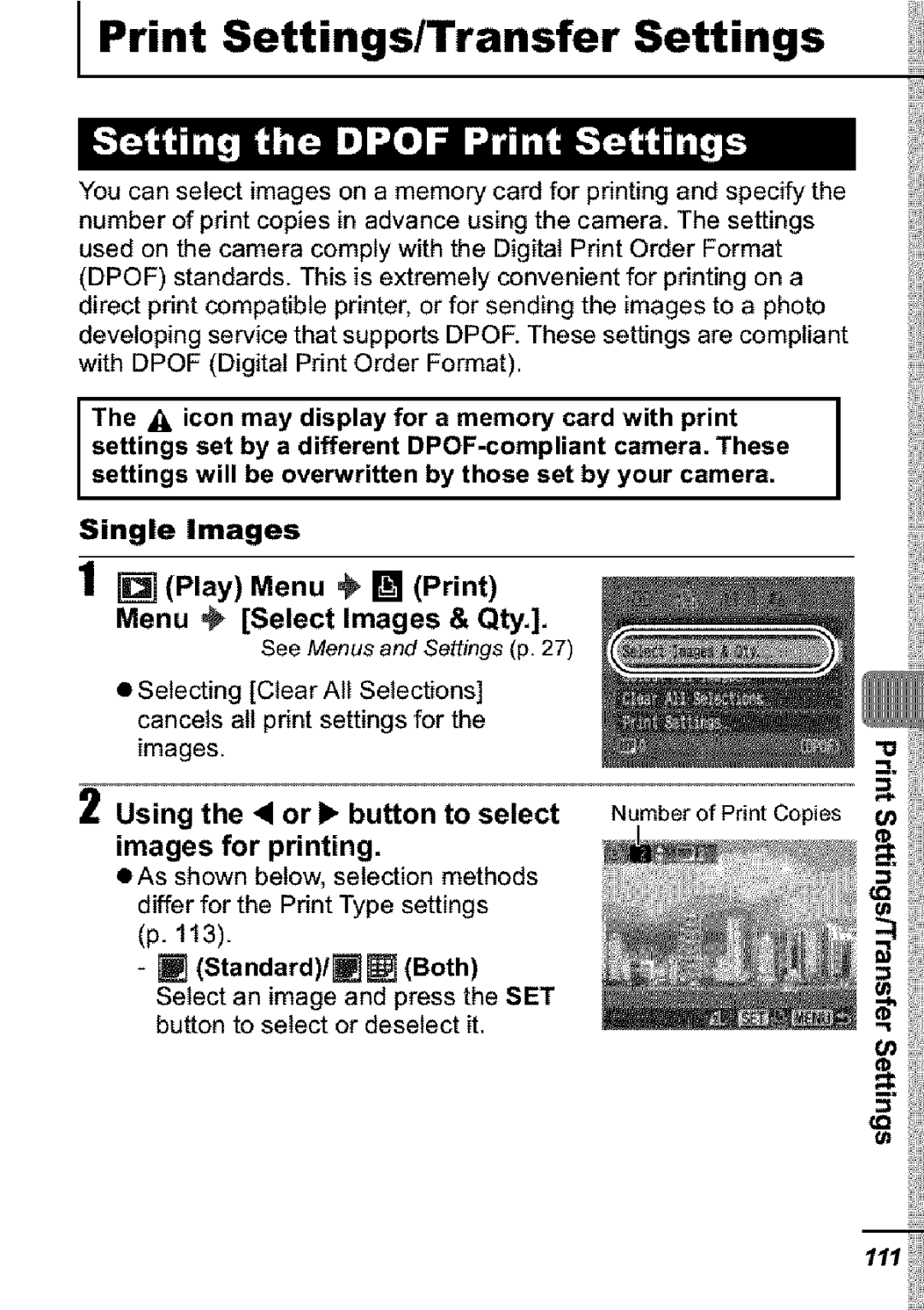 Canon S31S appendix Print Settings/Transfer Settings, Using the or I1button to select, Images for printing 