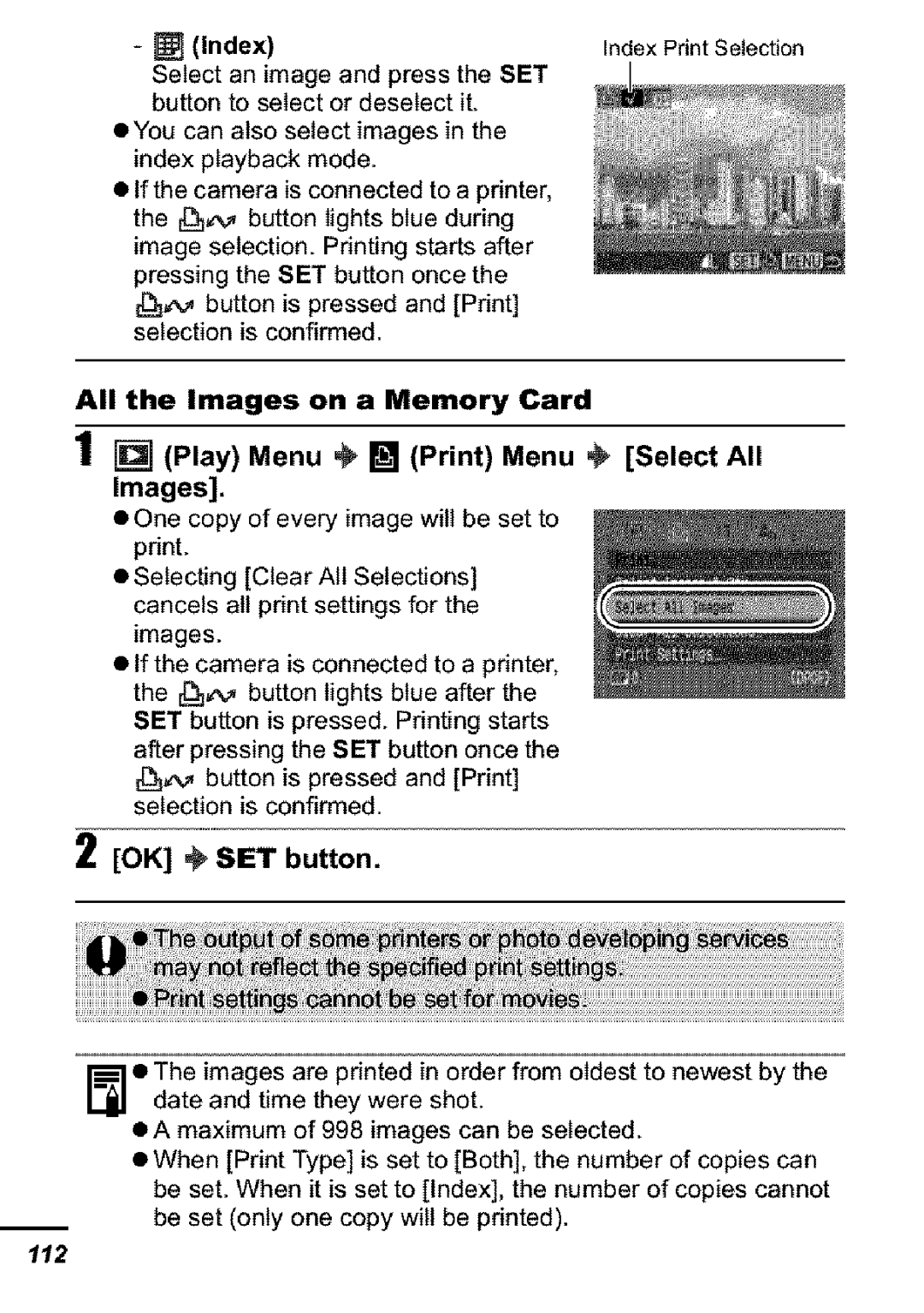 Canon S31S appendix Index, OK # SET button 