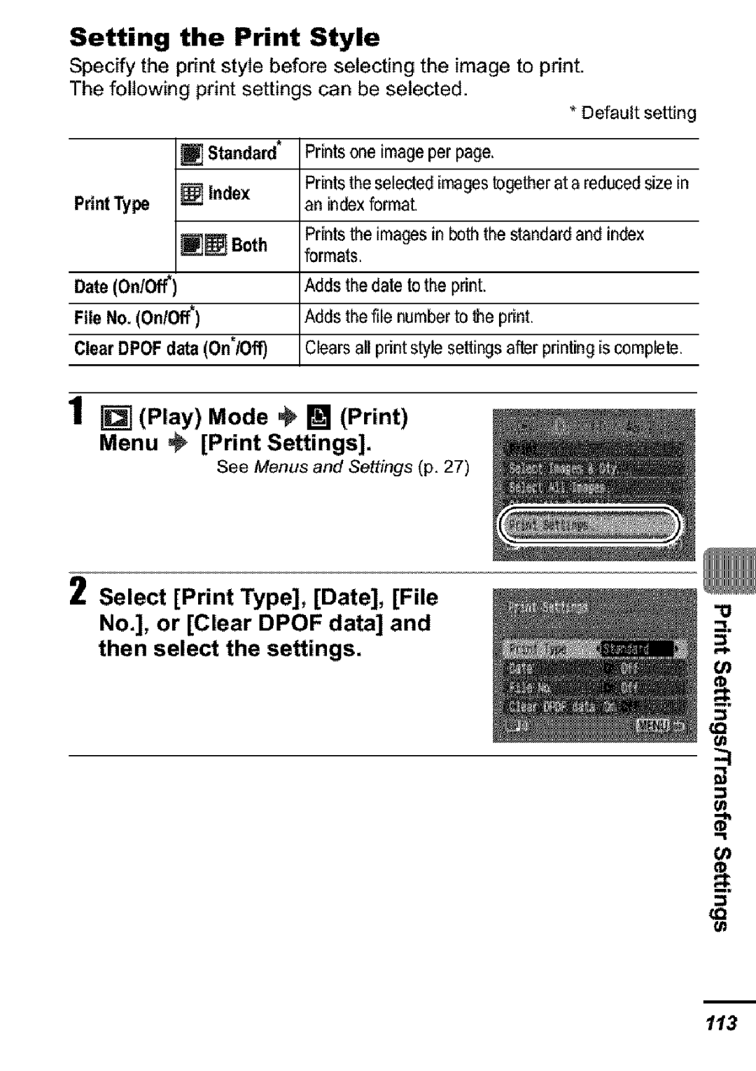 Canon S31S appendix Setting Print Style, Menu , Print Settings, Standard, Print Type, Both 