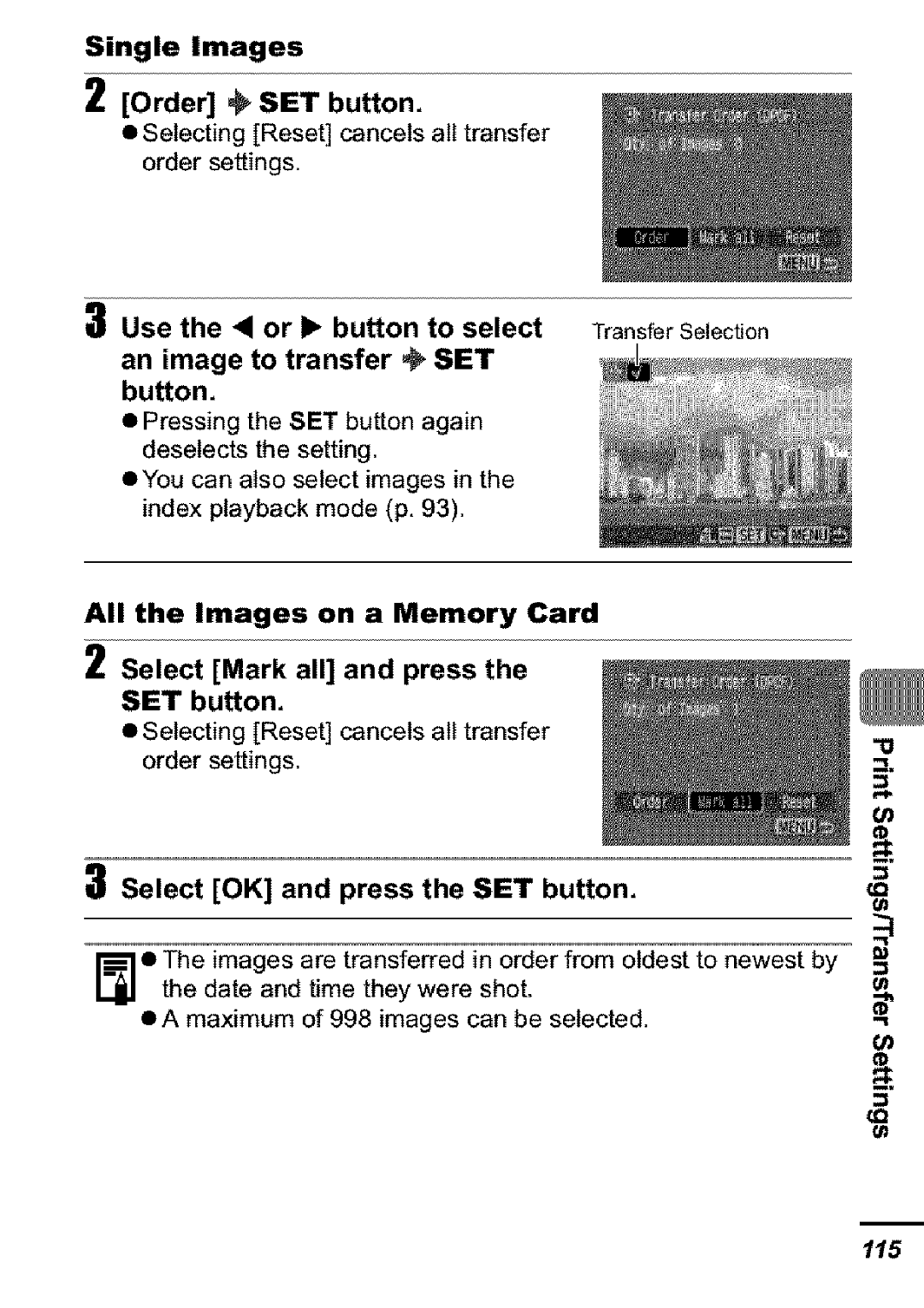 Canon S31S appendix Single Images Order SET button, Select OK and press the SET button 