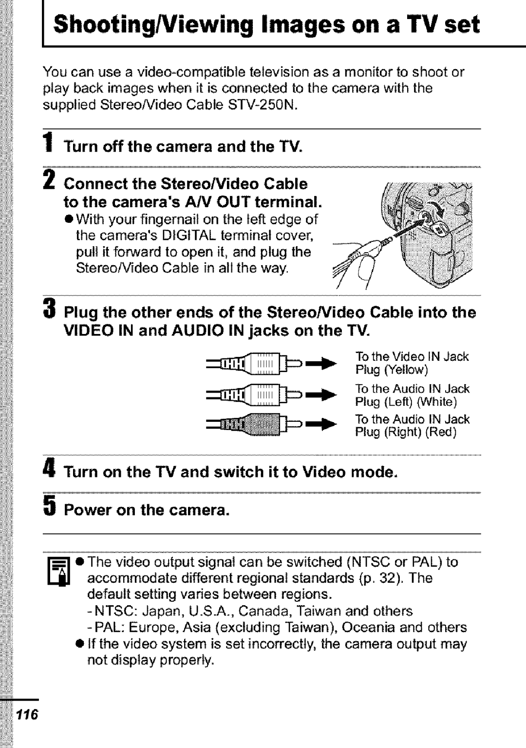 Canon S31S appendix Power on the camera, Turn on the TV and switch it to Video mode 