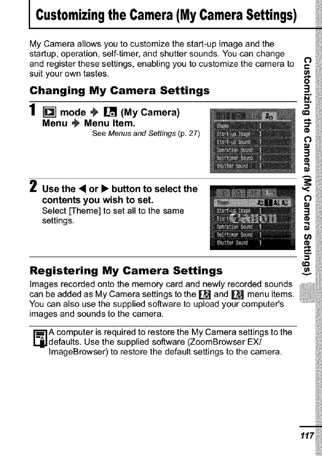 Canon S31S appendix Changing My Camera Settings, Registering My Camera Settings, Mode My Camera Menu Menu Item 