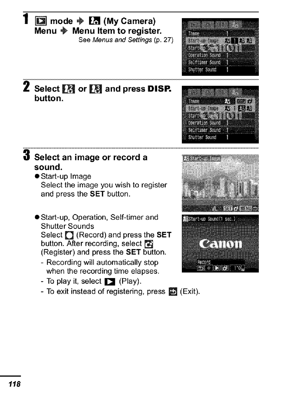 Canon S31S appendix Select or and press DISP. button, Mode My Camera Menu € Menu Item to register 