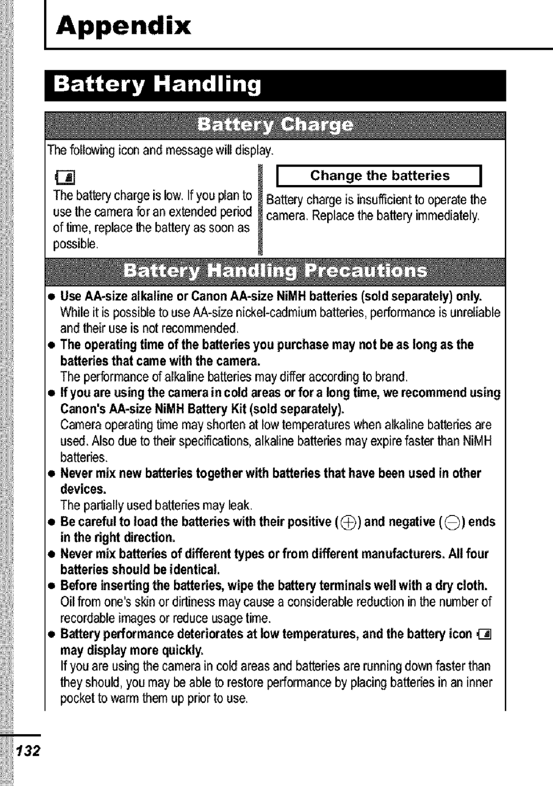 Canon S31S appendix Appendix, Change the batteries 