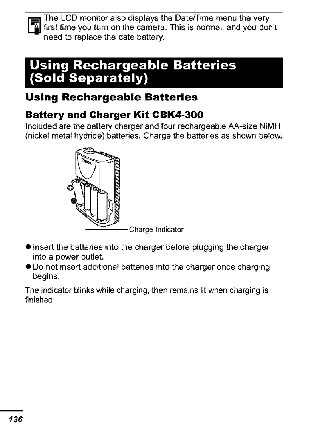 Canon S31S appendix Using Rechargeable Batteries, Battery and Charger Kit CBK4-300 