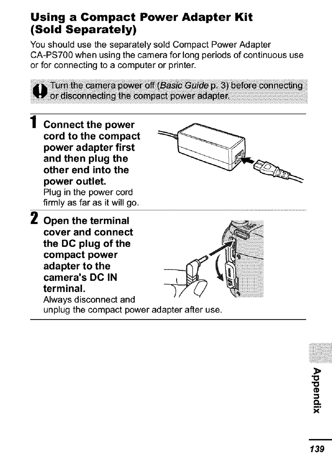 Canon S31S appendix Using a Compact Power Adapter Kit Sold Separately 