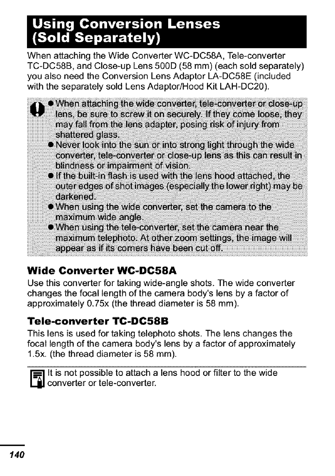 Canon S31S appendix Wide Converter WC-DC58A, Tele-converter TC-DC58B 