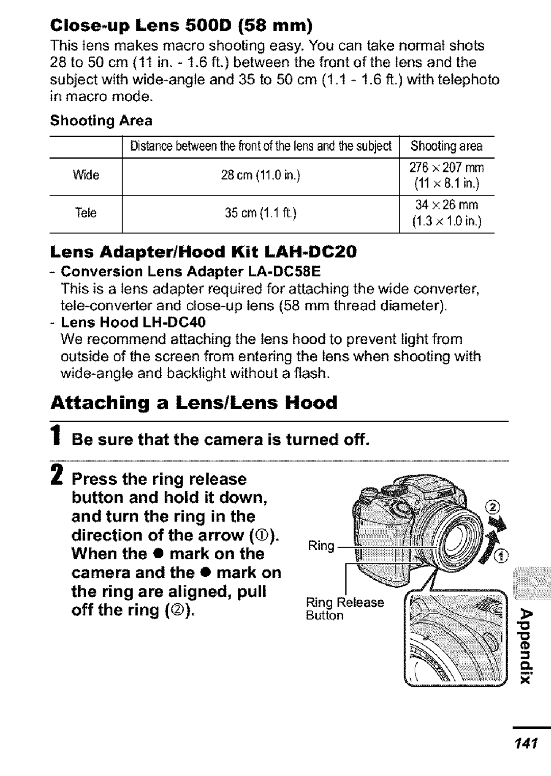 Canon S31S appendix Close-up Lens 500D 58 mm, Area 