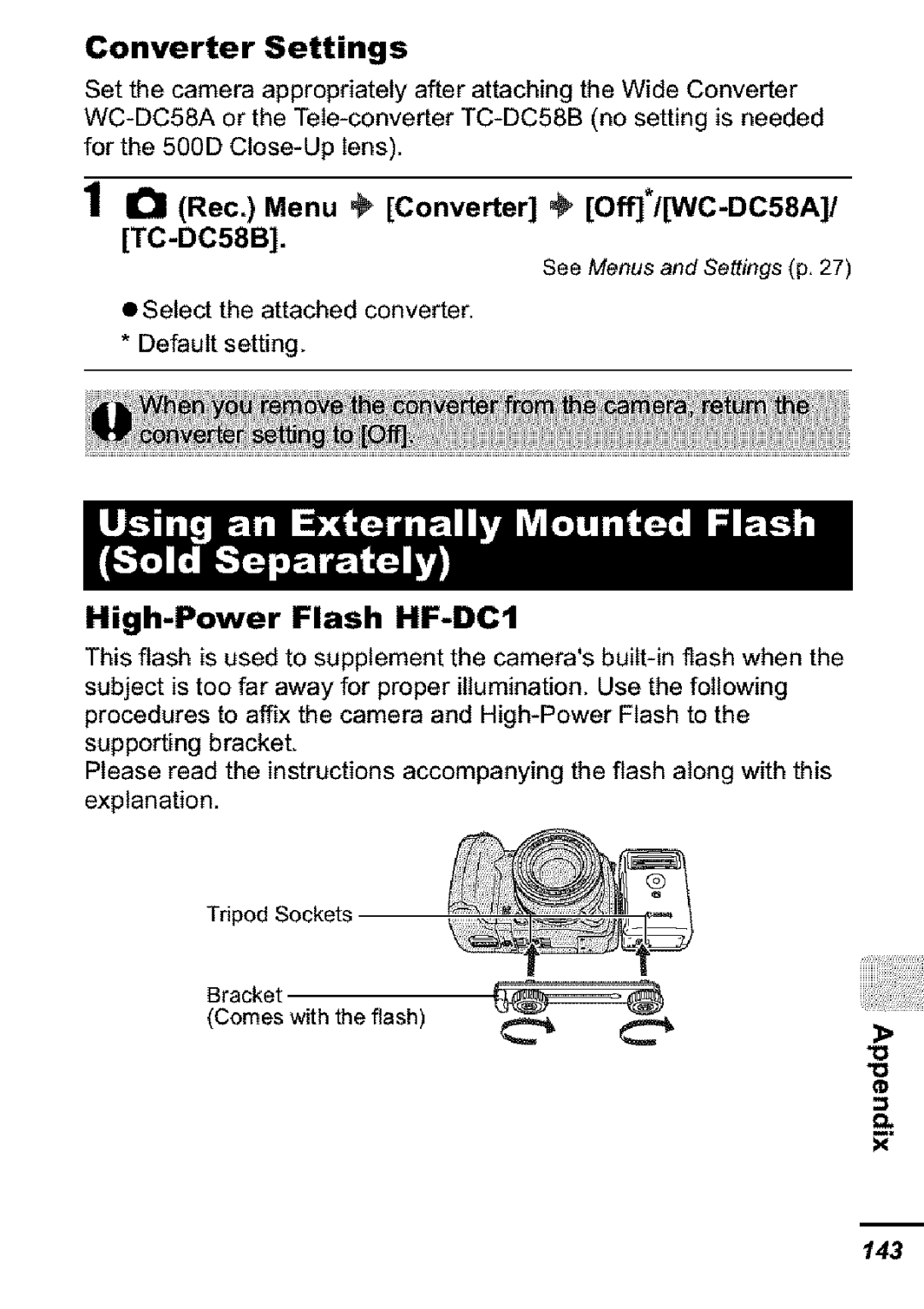 Canon S31S appendix Converter Settings, High-Power Flash HF-DC1, Rec. Menu Converter Off*/WC-DC58A/ TC-DC58B 