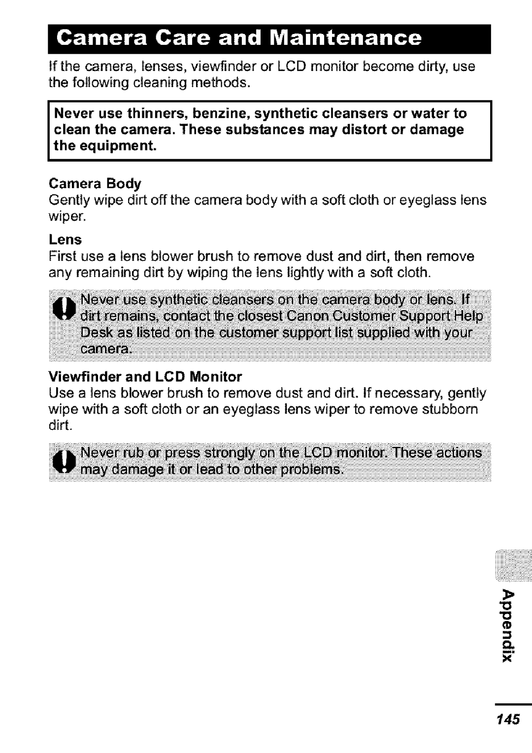 Canon S31S appendix Thefollowingcleaningmethods, Lens, Viewfinder and LCD Monitor 