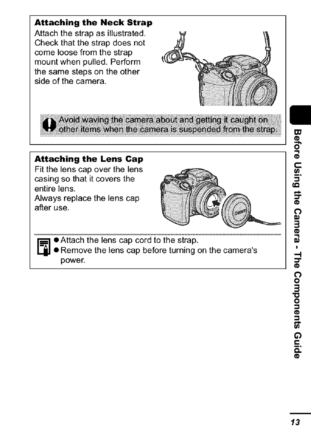 Canon S31S appendix Attaching the Neck Strap, Attaching the Lens Cap 
