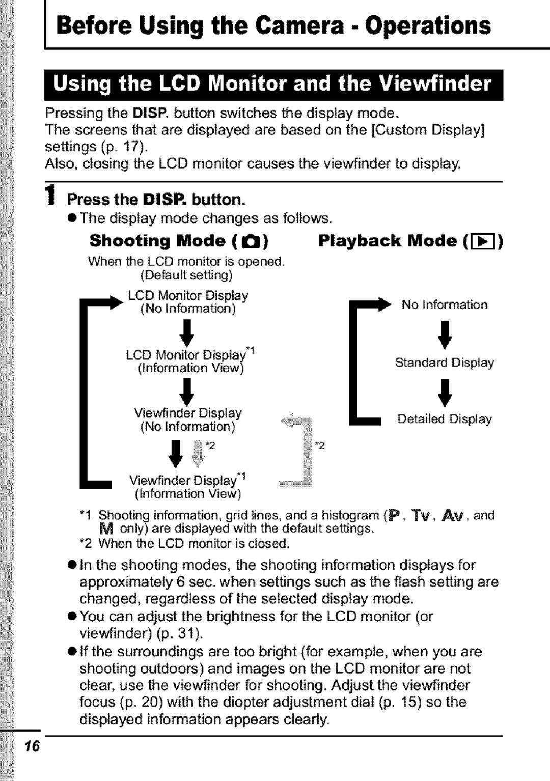 Canon S31S appendix Before Using the Camera Operations, Press the DISP. button, Shooting Mode a Playback 