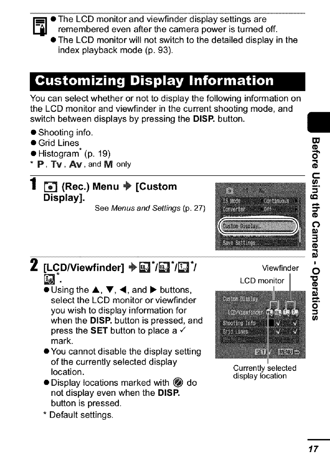 Canon S31S appendix Shootinginfo GridLines Histogram*p.19, Rec. Menu Custom Display 