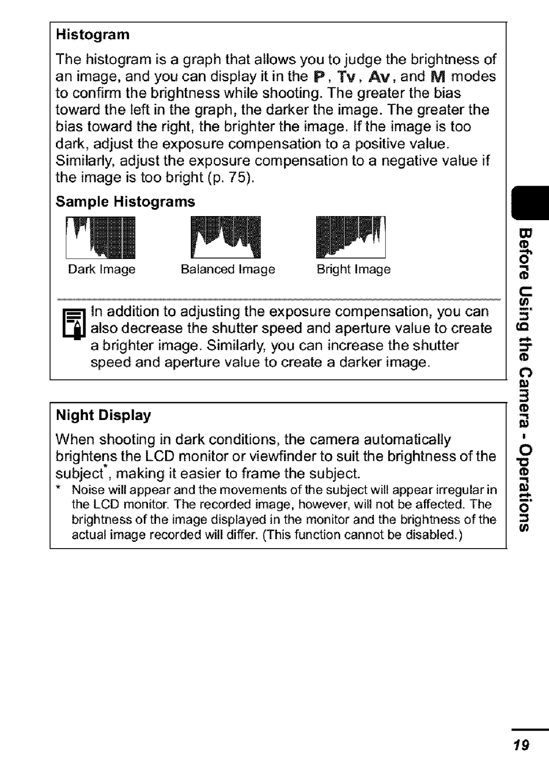 Canon S31S appendix Histogram, Night Display 