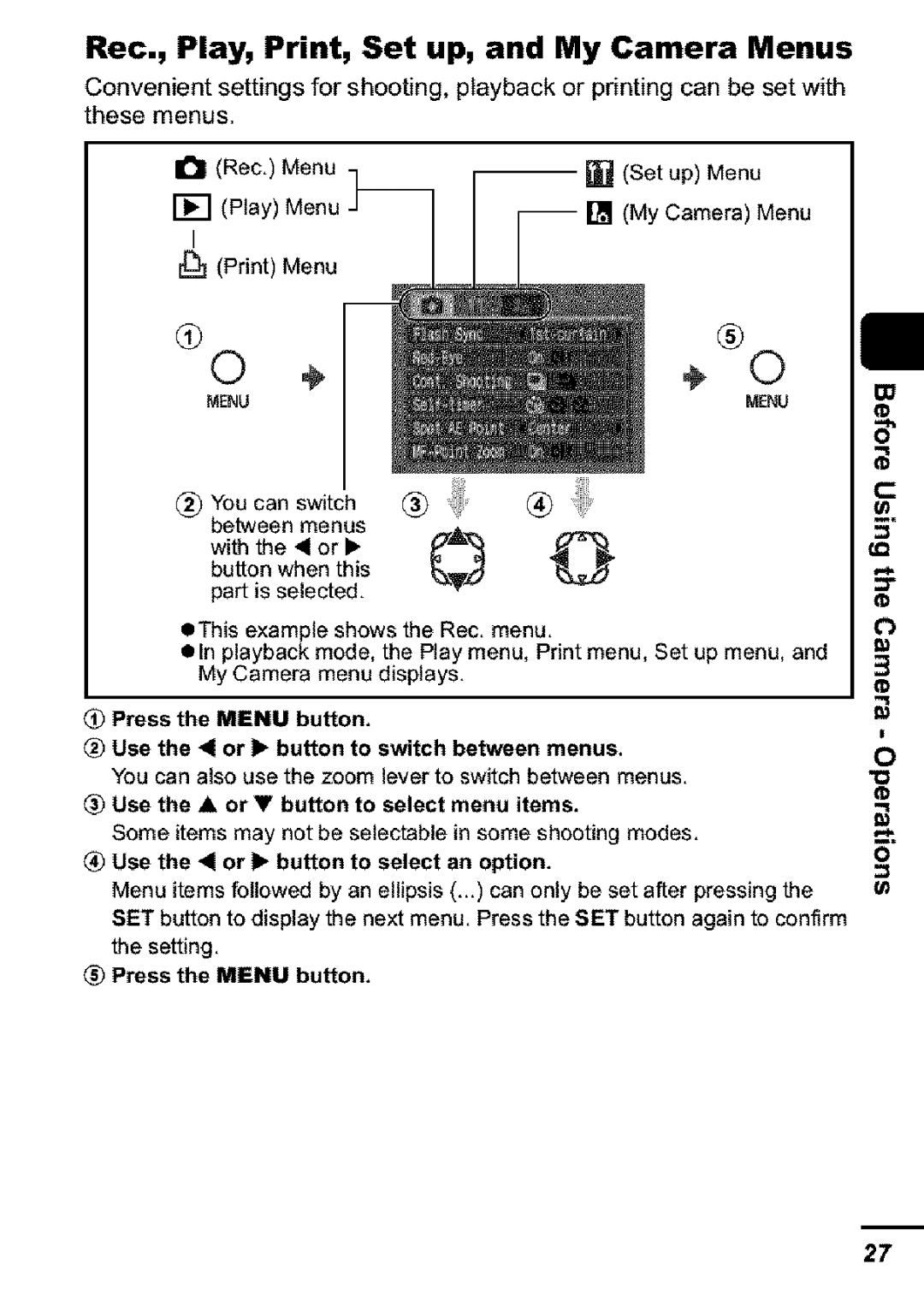 Canon S31S appendix Rec., Play, Print, Set up, and My Camera Menus, Use Button to select menu items, Press the Menu button 