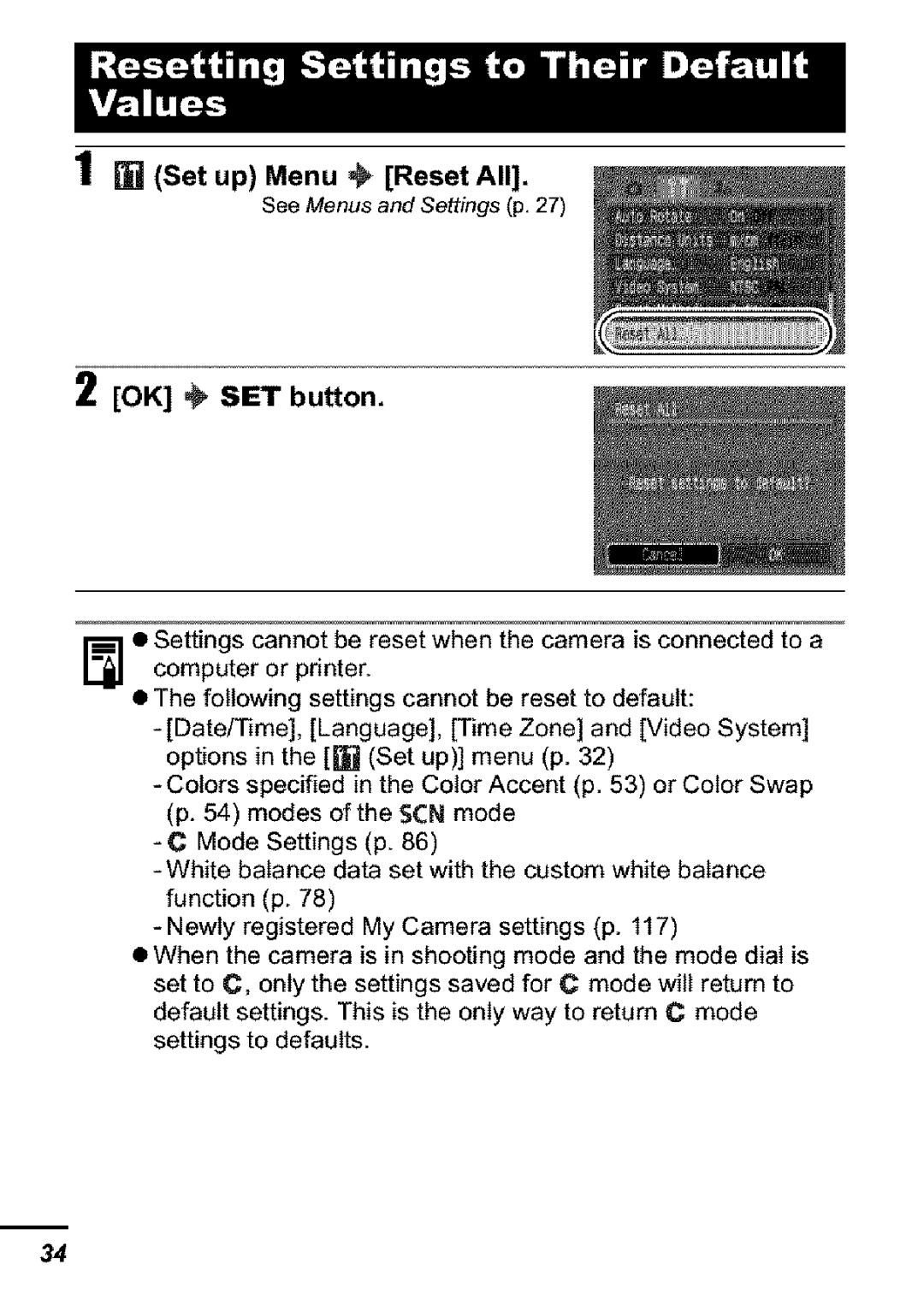 Canon S31S appendix OK SET button, Set up Menu Reset All 