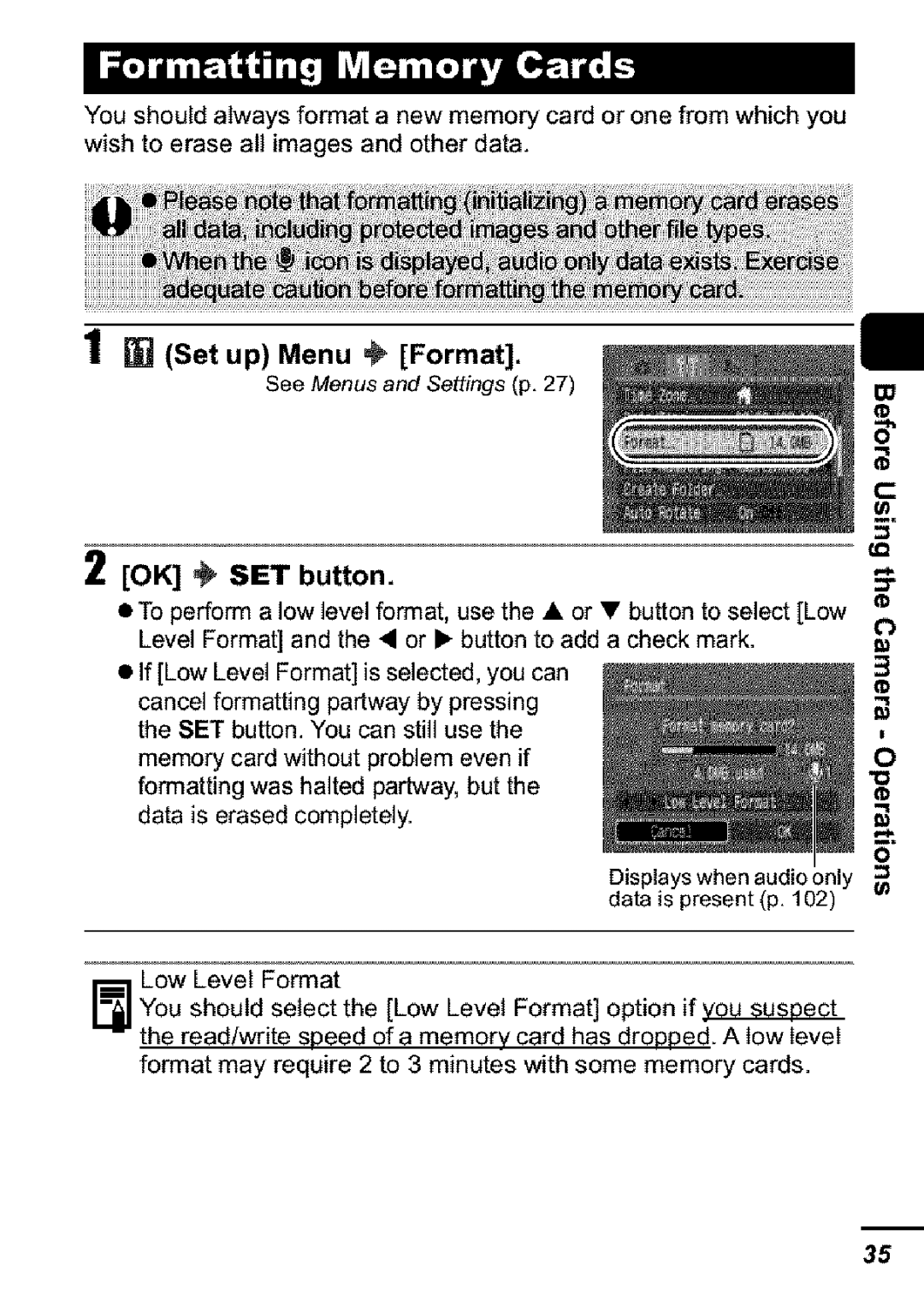 Canon S31S appendix Set up Menu Format, OK , SET button 